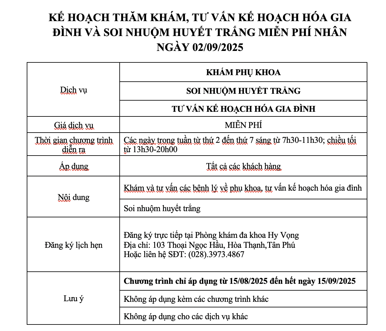Kế hoạch khám sản phụ khoa miễn phí 
